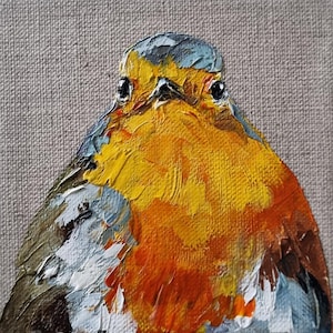 Original Mini Painting of Robin, Oil on Canvas, Bird Art, Small Painting, 10x10cm, Handmade Gift