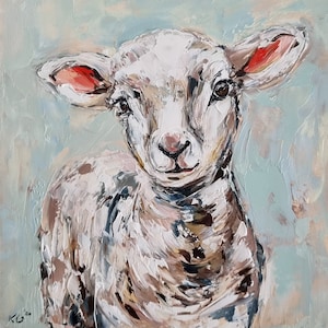 Original Baby Lamb Painting, Sheep Portrait, Farm Animals, Small Painting on 6x6&quot; Wooden Panel, Handmade Gift
