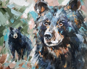 クマのオリジナル絵画、クマの家族、野生の自然アート、ギフトの