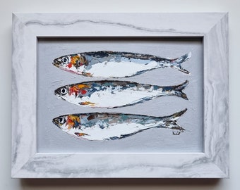 Original Art, Still Life Artwork, Fish, 3 Sardines, Food, Seafood, Kitchen Art, Oil on Paper, Wall Art, Signed, Framed, Ready to Hang
