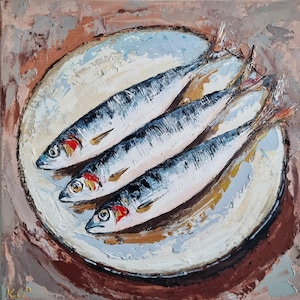 Original Fish Painting, Sardines on Plate, 20x20cm, Still Life Painting, Kitchen Art, Home Decor, Handmade Gift