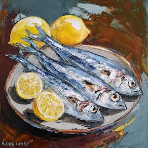 Original Fish Painting, Sardines with Lemons, Still Life Painting, Kitchen Art, Home Decor, Handmade Gift, 20x20cm