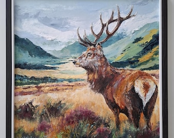 Dipinto a olio originale di cervo, dipinto di paesaggio, ritratto di cervo, arte murale, regalo unico per gli amanti della fauna selvatica, regalo per gli amanti degli animali, 30 x 3 cm, decorazione per la casa con cornice.