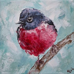 Original Art, Bird Painting, Pink Robin Portrait, Oil on Stretched Canvas, Wildlife Painting, Bird Wall Art, Signed