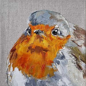 Original Mini Painting of Robin, Oil on Canvas, Bird Art, Small Painting, 10x10cm, Handmade Gift