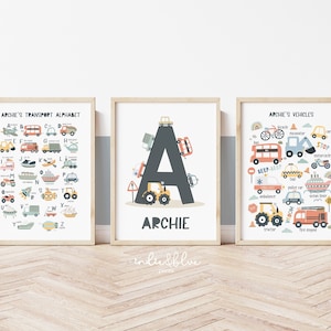 Personalised Set of 3 Transport Posters UNFRAMED, Vehicle Alphabet Print, Cars Chart Print, Boy Bedroom Decor, Playroom Prints