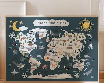 Personalised Animal World Map Print, Colourful Children’s bedroom decor, Kids Poster, Educational Poster, Playroom Prints, Kids Wall Art