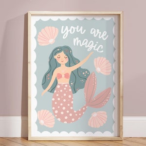 Meerjungfrau Print in Pastell, UNGERAHMT, Kinderzimmer Deko, Meer Kunstdruck, Zitat Print, Mädchen Schlafzimmer
