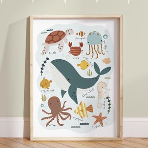 May include: A colourful illustration of various sea creatures, including a blue whale, octopus, turtle, jellyfish, starfish, and seahorse. The illustration is on a white background with blue bubbles and seaweed.