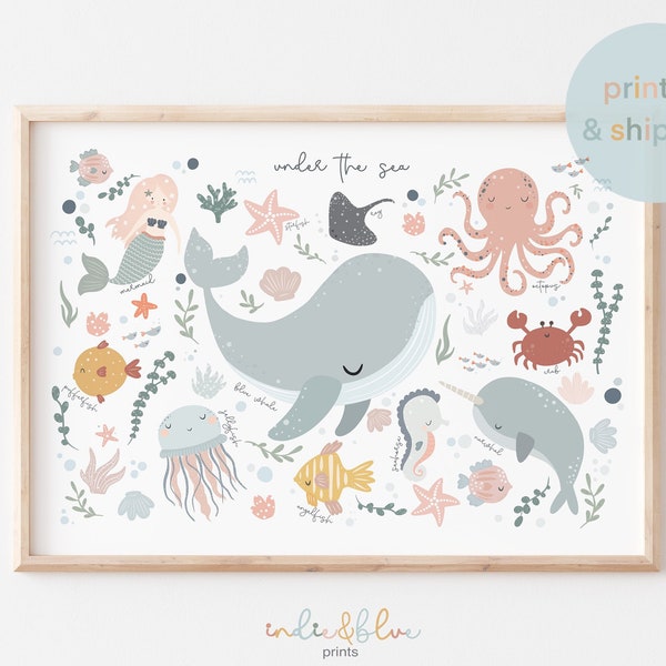 Under the Ocean Print, Sea Nursery Print, Sea Animals Print, Scandi Nursery Decor, Ocean Nursery, Playroom Prints, Kids Wall Art