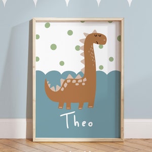 Impresión de dinosaurio con nombre personalizado, decoración de dormitorio de niño pequeño, arte de pared de sala de juegos neutral