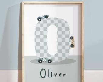Personalised race car name print, checkered flag initial boy print, boy bedroom decor