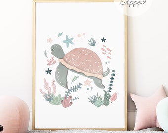 Under the Ocean Print, Sea Turtle Print, Nautical Nursery Print, Sea Animals Print, Scandi Nursery Decor, Playroom Prints, Kids Wall Art