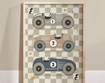 Vintage race cars print in sage green, retro racecar poster, checkered boy bedroom decor, vehicles nursery
