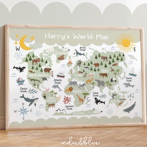 Personalisierte Weltkarte in Jade, Weltkarte der Tiere, Poster für Kinder, Skandinavische Kinder Dekoration, Lernposter, Spielzimmer Drucke, Kinder Wandkunst