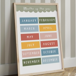 Impression colorée des mois de l'année, affiche d'apprentissage éducative des mois, décoration de salle de classe, impressions neutres montessori pour salle de jeux