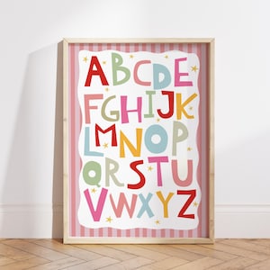Tableau de l'alphabet aux couleurs vives, imprimé alphabet, décoration de chambre de fille, impression éducative, impressions de salle de jeux Montessori, art scandinave pour enfants