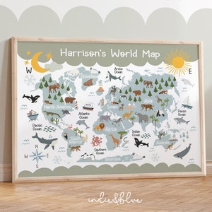 Personalisierte Weltkarte Druck, Tier Weltkarte, Poster für Kinder, Scandi Kinder Dekor, Lernposter, Spielzimmer Drucke, Kinder Wandkunst