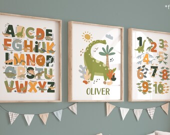 Set of 3 Personalised Dinosaur Posters in Bright, Alphabet and Numbers Print, Dinosaur Bedroom Decor, Playroom Prints, Scandi Kids Ar