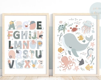 Set of 2 Sea Animals Print, Sea Alphabet Print, Under the Ocean Prints, Ocean Nursery Print, Whale Print, Numbers Print