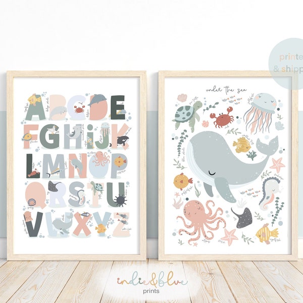 Set of 2 Sea Animals Print, Sea Alphabet Print, Under the Ocean Prints, Ocean Nursery Print, Whale Print, Numbers Print