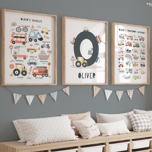 Personalisiertes 3er Set Transport Poster UNGERAHMT, Fahrzeug Alphabet Druck, Autos Diagramm Druck, Jungen-Schlafzimmerdekor, Spielzimmerdruck