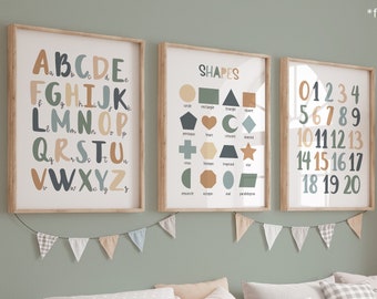 Set of 3 Educational Nursery Prints, Shapes Print, Alphabet Chart, Numbers Chart, Scandi Nursery Decor, Playroom Prints