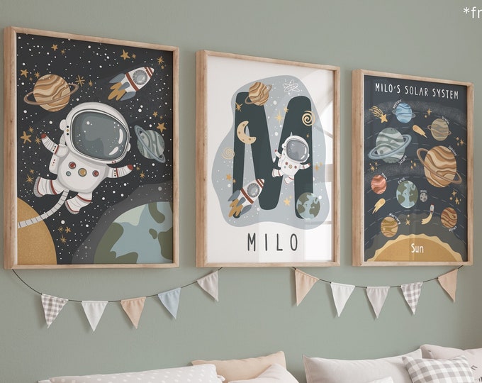 Personalised Space Print Set of 3, Astronaut Prints, Solar Sytem Personalised Name Print, Scandi Space Nursery, Playroom Prints