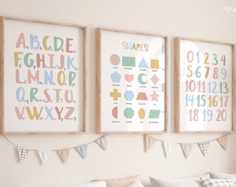 Set of 3 Pastel Educational Nursery Prints, Shapes Print, Alphabet Chart, Numbers Chart, Girl Decor, Playroom Prints
