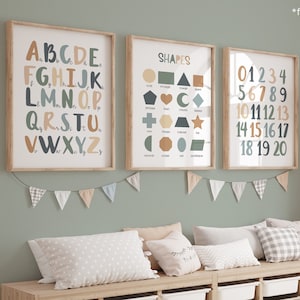 Set of 3 Educational Nursery Prints, Shapes Print, Alphabet Chart, Numbers Chart, Scandi Nursery Decor, Playroom Prints