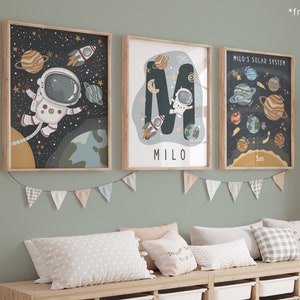 Personalised Space Print Set of 3, Astronaut Prints, Solar Sytem Personalised Name Print, Scandi Space Nursery, Playroom Prints