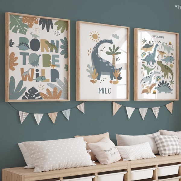 Set of 3 Personalised Dinosaur Posters In Blue, Born to Be Wild Print, Dinosaur Chart Print, Dinosaur Bedroom Decor, Scandi Playroom Prints