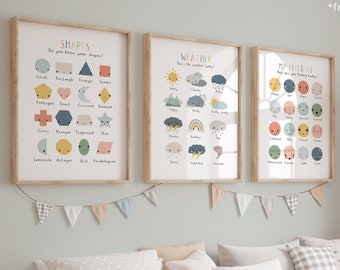 Set of 3 Educational Nursery Prints, Shapes Print, Feelings Chart, Weather Chart, Scandi Nursery Decor, Playroom Prints