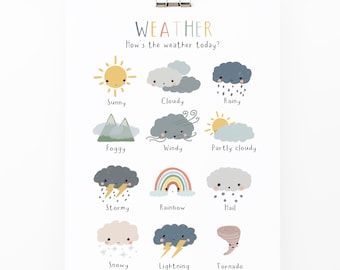 Weather Chart Poster, Educational Print, Montessori Playroom Print, Weather Print, Playroom Prints, Scandi Kids Art, Kids Poster