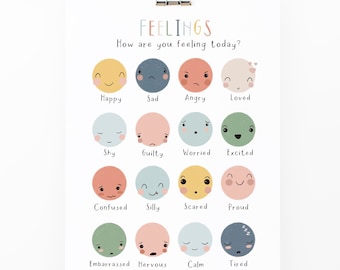 Feelings Chart Poster, Educational Print, Montessori Playroom Print, Emotions Print, Playroom Prints, Scandi Kids Art, Kids Poster