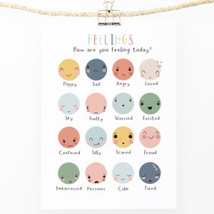 Póster con gráfico de sentimientos, impresión educativa, impresión para sala de juegos Montessori, impresión de emociones, impresiones para sala de juegos, arte infantil escandinavo, póster para niños