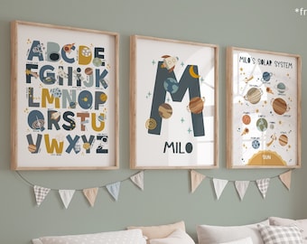 Personalised Solar System Space Print Set of 3, Astronaut Prints, Personalised Name Print, Scandi Space Nursery, Playroom Prints