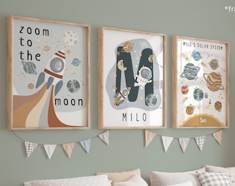 Personalised Space Print Set of 3, Solar Sytem Personalised Name Print, Scandi Nursery, Playroom Prints, Scandi Kids Art