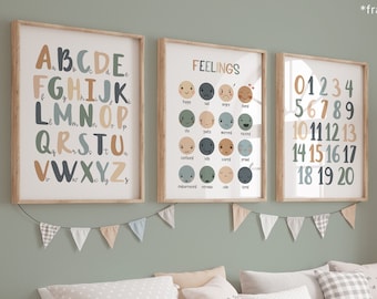 Set of 3 Educational Nursery Prints, Feelings Chart Print, Alphabet Chart, Numbers Chart, Scandi Nursery Decor, Playroom Prints