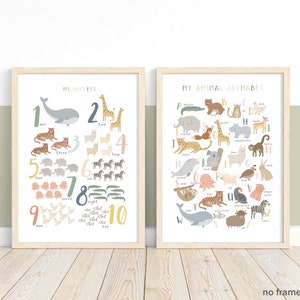 Animal Alphabet and Numbers Print Set, Educational Prints, Scandi Nursery, Playroom Prints, Scandi Kids Art