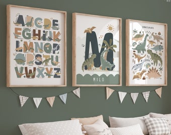 Set of 3 Personalised Dinosaur Prints, Dinosaur Alphabet Chart Print, Dinosaur Bedroom Decor, Playroom Prints, Scandi Kids Art