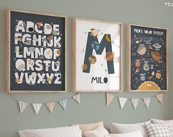 Space Alphabet, Personalised Solar System Space Print Set of 3, Astronaut Prints, Personalised Name Print, Scandi Space Nursery