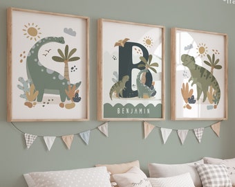 Set of 3 Personalised Dinosaur Prints, Dinosaur Print, Dinosaur Bedroom Decor, Playroom Prints, Scandi Kids Art