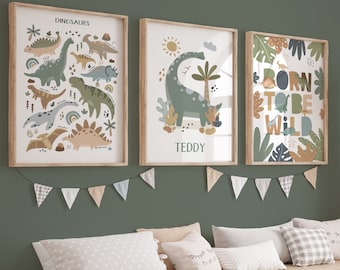 Set of 3 Personalised Dinosaur Posters, Born To Be Wild, Dinosaur Chart Print, Dinosaur Bedroom Decor, Playroom Prints