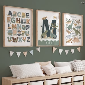 Set of 3 Personalised Dinosaur Prints, Dinosaur Alphabet Chart Print, Dinosaur Bedroom Decor, Playroom Prints, Scandi Kids Art