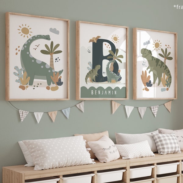 Set of 3 Personalised Dinosaur Prints, Dinosaur Print, Dinosaur Bedroom Decor, Playroom Prints, Scandi Kids Art