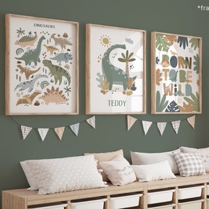 Set of 3 Personalised Dinosaur Posters, Born To Be Wild, Dinosaur Chart Print, Dinosaur Bedroom Decor, Playroom Prints