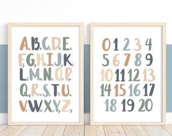 Alphabet and Numbers Print Set, Blue and Green Educational Prints, Scandi Nursery, Playroom Prints, Scandi Kids Art
