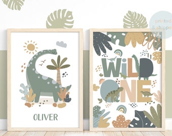 Dinosaur Prints, Set of 2 Personalised Name Prins, Wild One Print, Scandi Nursery, Playroom Prints, Scandi Kids Art