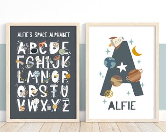 Personalised Space Print Set of 2, Space Alphabet, Personalised Name Print, Scandi Nursery, Playroom Prints, Scandi Kids Art